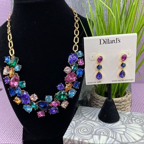 Dillard’s Tri Color Dangle Chandelier Earrings Pink Blue Purple - Picture 7 of 7